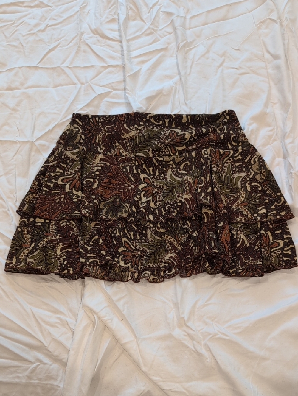 Honua Hawaii Tiered Mini Skirt in Brown Floral with Olive Accents - Unbranded